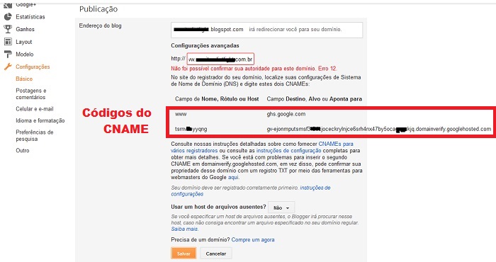 Erro 12 para Domínio próprio no Blogger