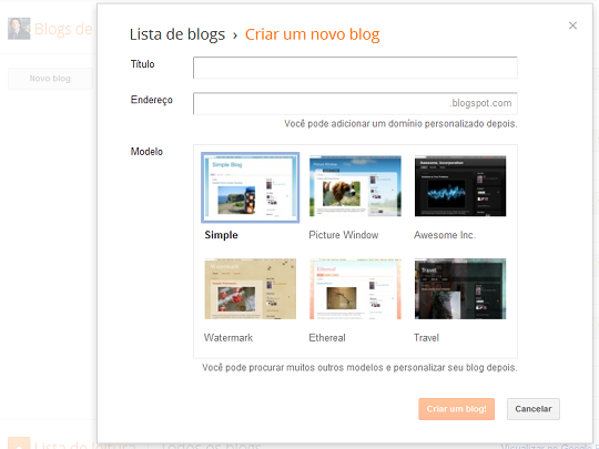 Formulário para criar novo blog no Blogger