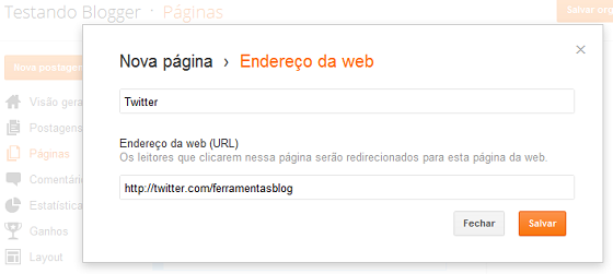 Menu para adicionar endereços no menu horizontal do Blogger