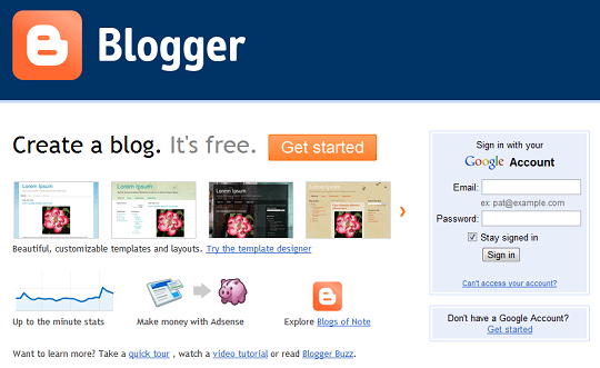 Página de login antiga do Blogger
