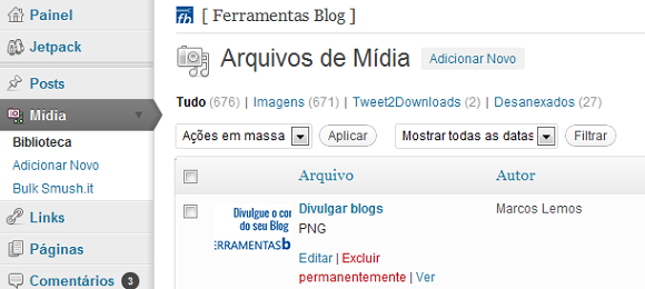 Menu Mídia, Biblioteca do WordPress.org