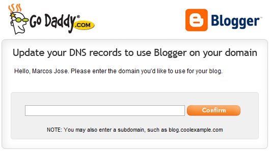 Novo formulário da Godaddy para Redirecionar Domínio Blogger