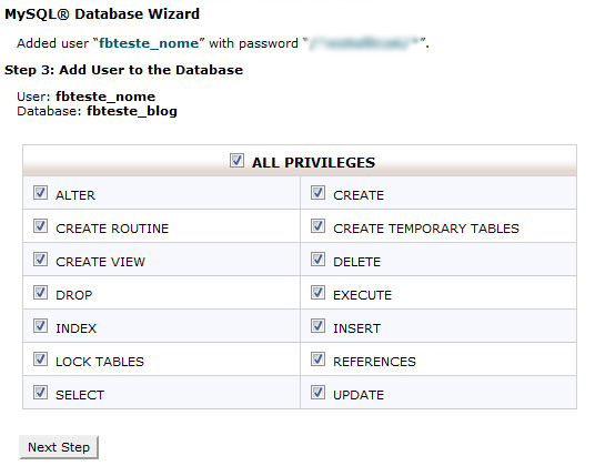 MySQL Database Wizard do cPanel - dando permissões para o usuário do banco de dados