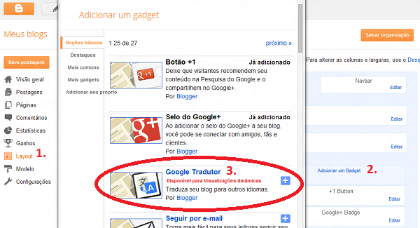 Adicionar Gadget Google Tradutor no Blogger