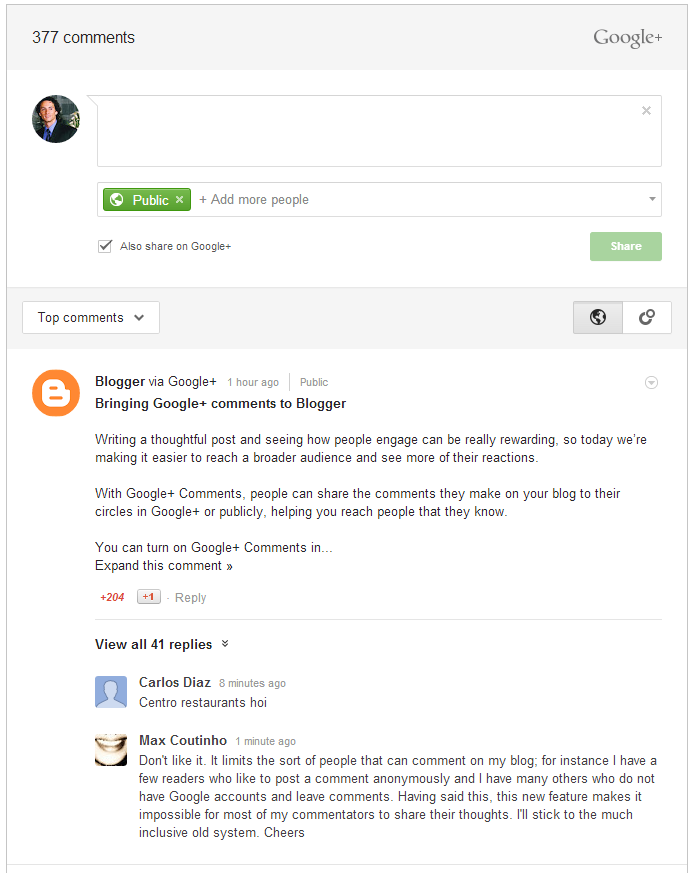 Formulário de Comentários do Google+ no Blogger