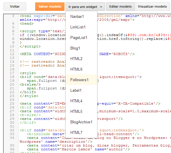 Menu Widget do Editar HTML do Blogger