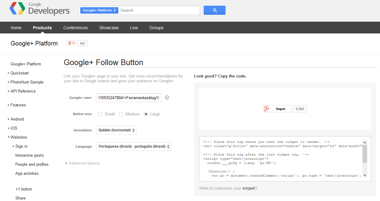 Tela para inserir botão Seguir do Google+