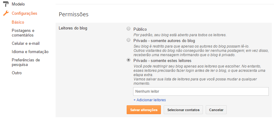 Configurações Permissões Blog Privado no Blogger